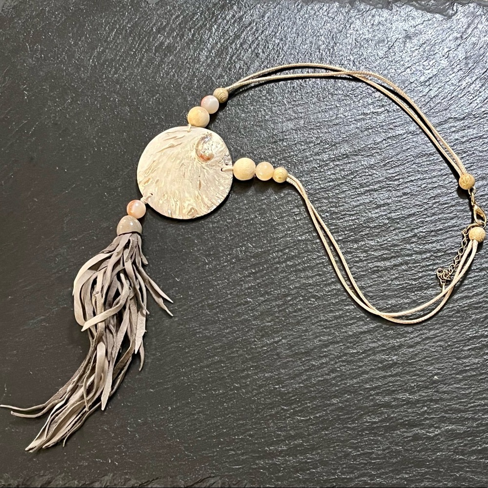 Bohemian Artisan Abalone Shell Wooden Bead leather Fringe Tassel Accent Necklace